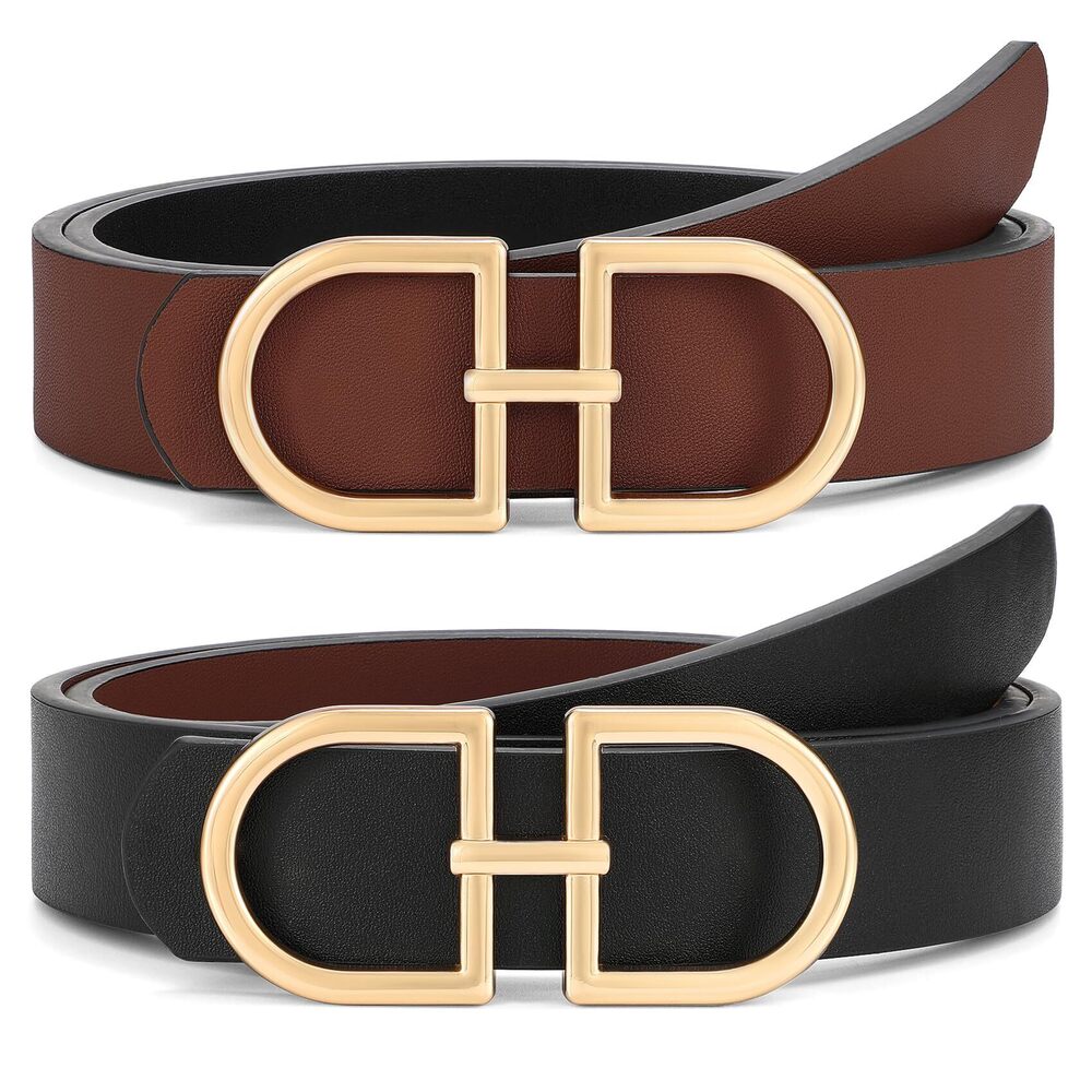 4696 Reversible Leather Belt For Women With Gold Buckle Ladies Two-in-one